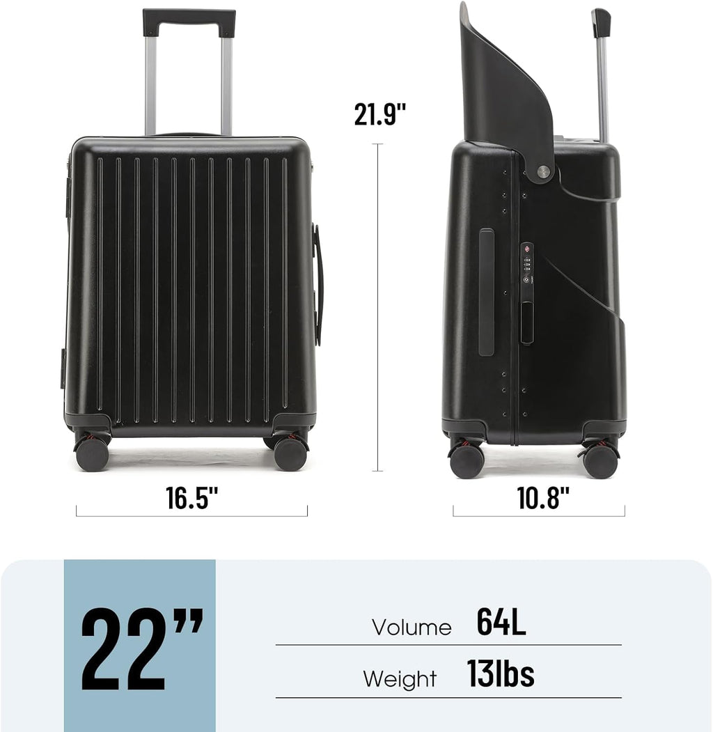 Apelila Hardside 22'' Luggage with Seat for Kids & Adults, 360° Lockable Spinner Wheels Travel Suitcase with TSA Approved Lock and Seat Belts(Black, 22-Inch)