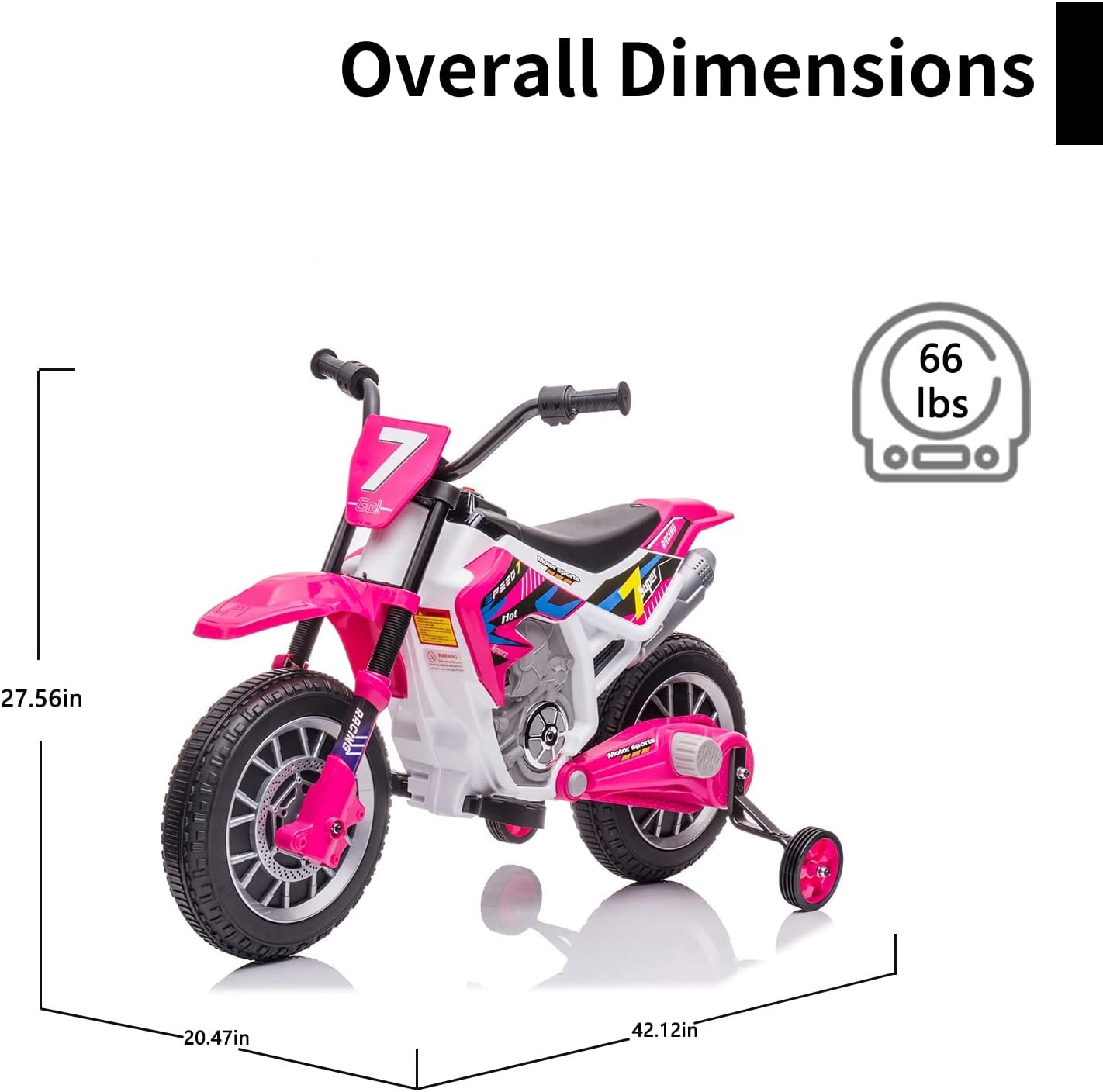 12 Volt Girls Electric Motorcycle with Training Wheels Kids Dirt Bike Battery Powered Ride On Toy Rechargeable Motorbike with 2 Speeds Music Player Shock Absorber, Rose Pink