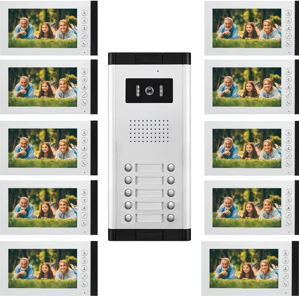 Wired Video Intercom System,7 Inch Ring Video Doorbell with IR Night Vision,HD Camera Kits,IR Outdoor Camera,Dual-Way Intercom for Villa Home Office Apartment (1 Bell +10 Monitor)
