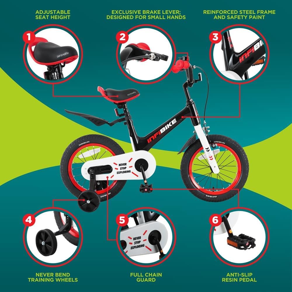 SereneLife Kids Bike with Training Wheels - Toddlers Bicycle w/Adjustable Seat Height, Alloy Steel Frame, Dual Brake System, Full Chain Guard, Reflector, Bell, Kickstand