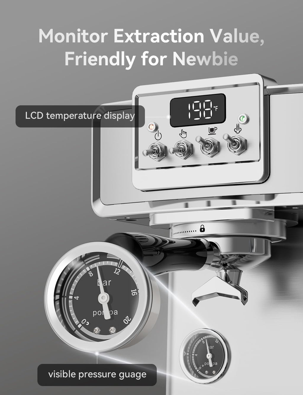 Neretva Espresso Machine, 58mm Professional Espresso Coffee Machine 15 Bar Retro Espresso Maker with Powerful Milk Frother & Visible Pressure Gauge for Home Barista Latte and Cappuccino Maker-Silver