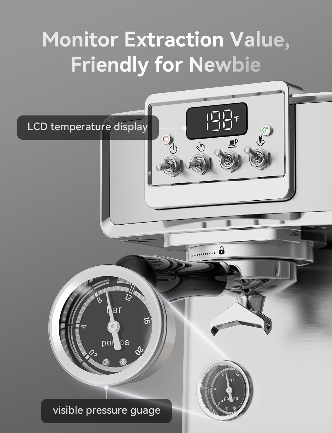 Neretva Espresso Machine, 58mm Professional Espresso Coffee Machine 15 Bar Retro Espresso Maker with Powerful Milk Frother & Visible Pressure Gauge for Home Barista Latte and Cappuccino Maker-Silver