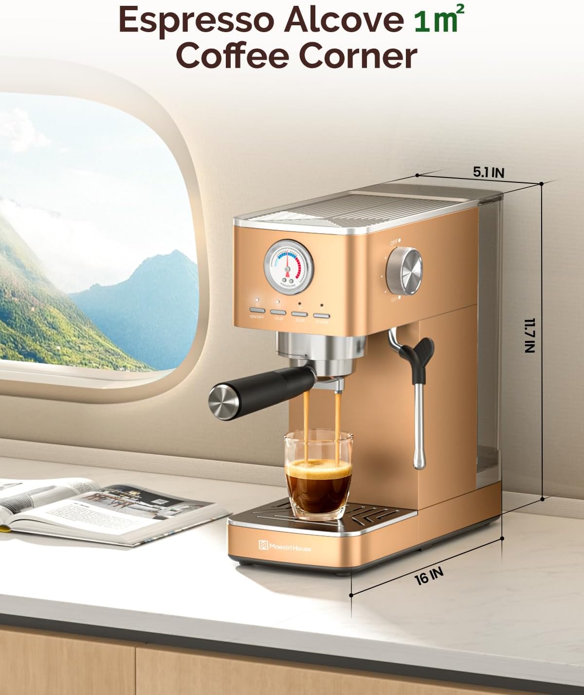 Maestri House Espresso Machines 20 Bar ULKA Pump, Compact Espresso Maker Built-in Flow Meter Steam Milk Frother, 43oz Removable Water Tank Stainless Steel Coffee Machine for Cappuccino (Rose Golden)