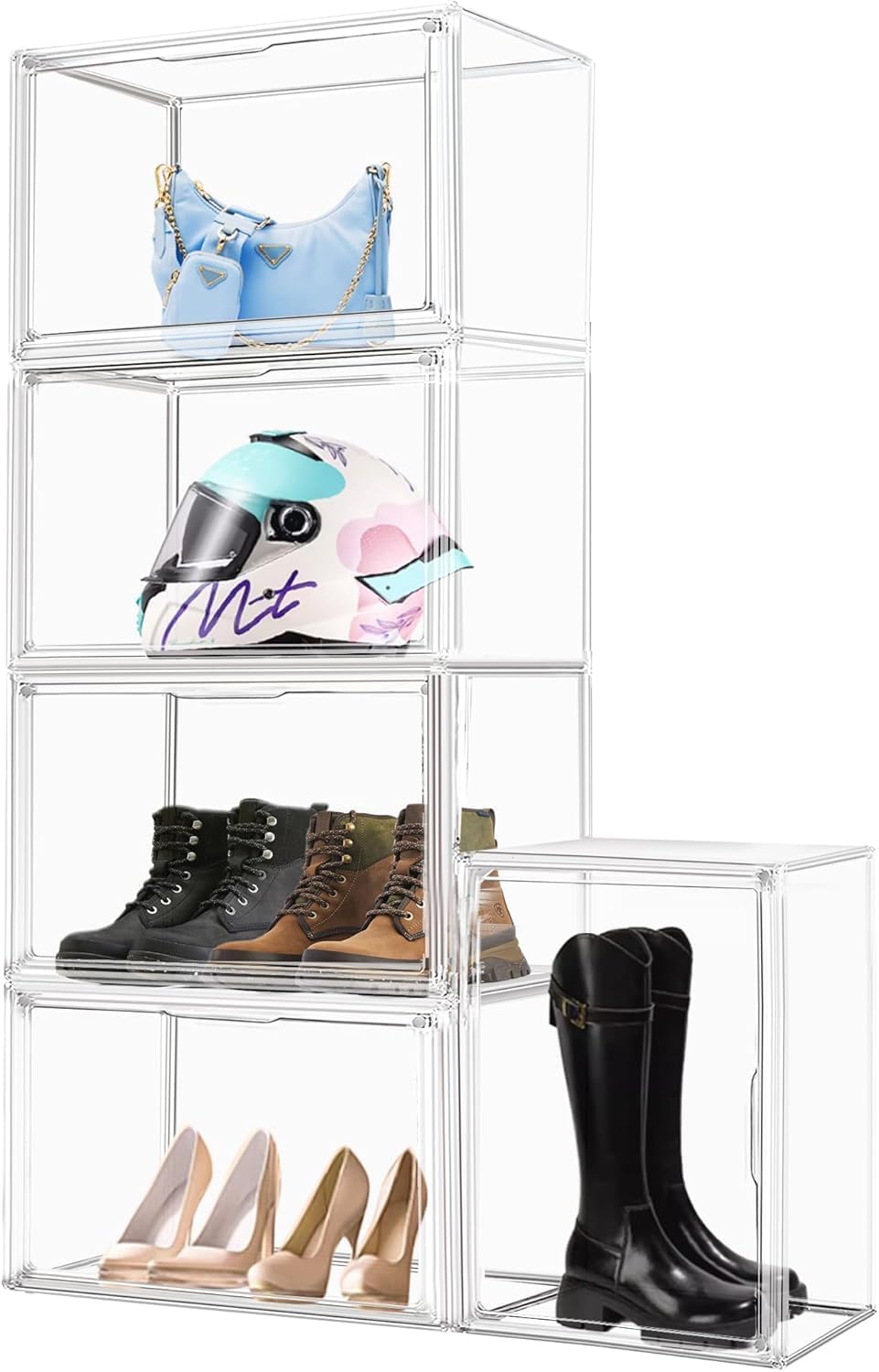 4 Pack XXX-Large Clear Purse Organizers for Closets 17.7'x13'x13' Acrylic Display Case Clear Shoes Storage Box Stackable Handbag Storage Organizers Helmet Display Cabinet Storage Bins with Lid