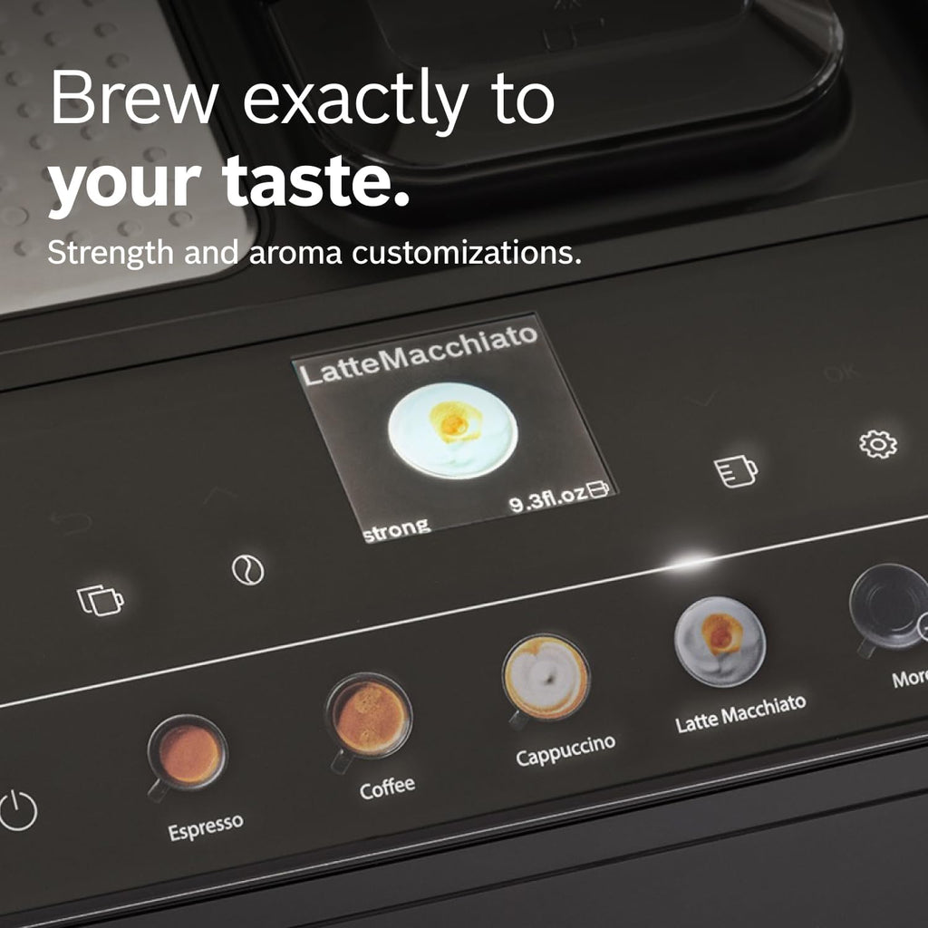 Bosch Fully Automatic Coffee and Espresso Machine - 9 Drinks, Barista Quality, Double Cup Super Coffee Maker - Programmable Machine, Large Bean Capacity - Easy Clean, Maintenance - Black - TPU40109