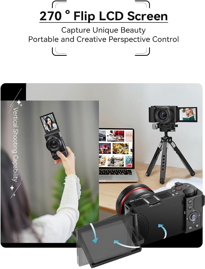 ORDRO Vlogging Camera, Digital Camera for Photography 64 MP, 12X Optical Zoom, Camera Kit: Bundle with 64GB Card, Tripod and Mic for Point and Shoot Camera