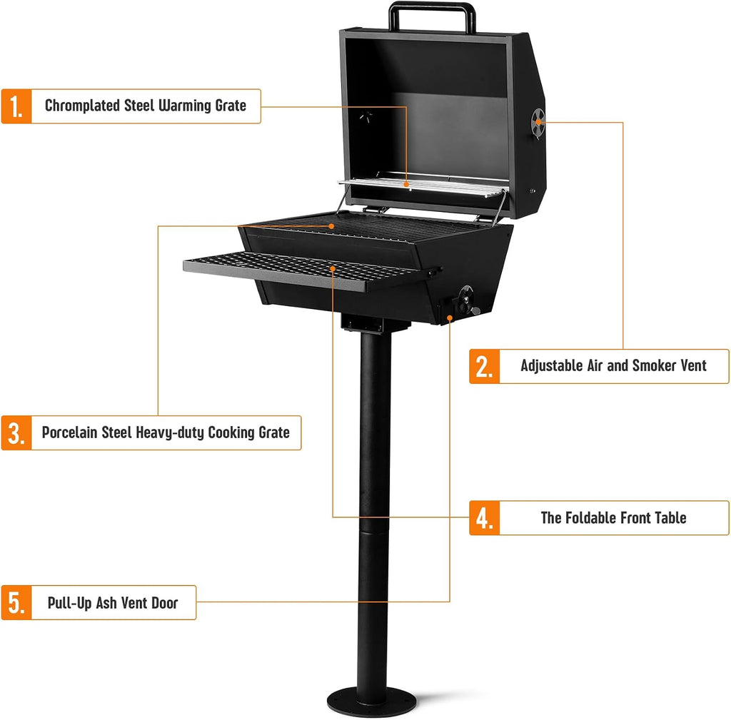 Stanbroil Park Style Charcoal Grill with Cover, Portable Park BBQ Grill Heavy Duty Porcelain Steel Cooking Grate, Folding Front Table, Stand Post for Backyard, RV Cooking, Camping, Tailgating
