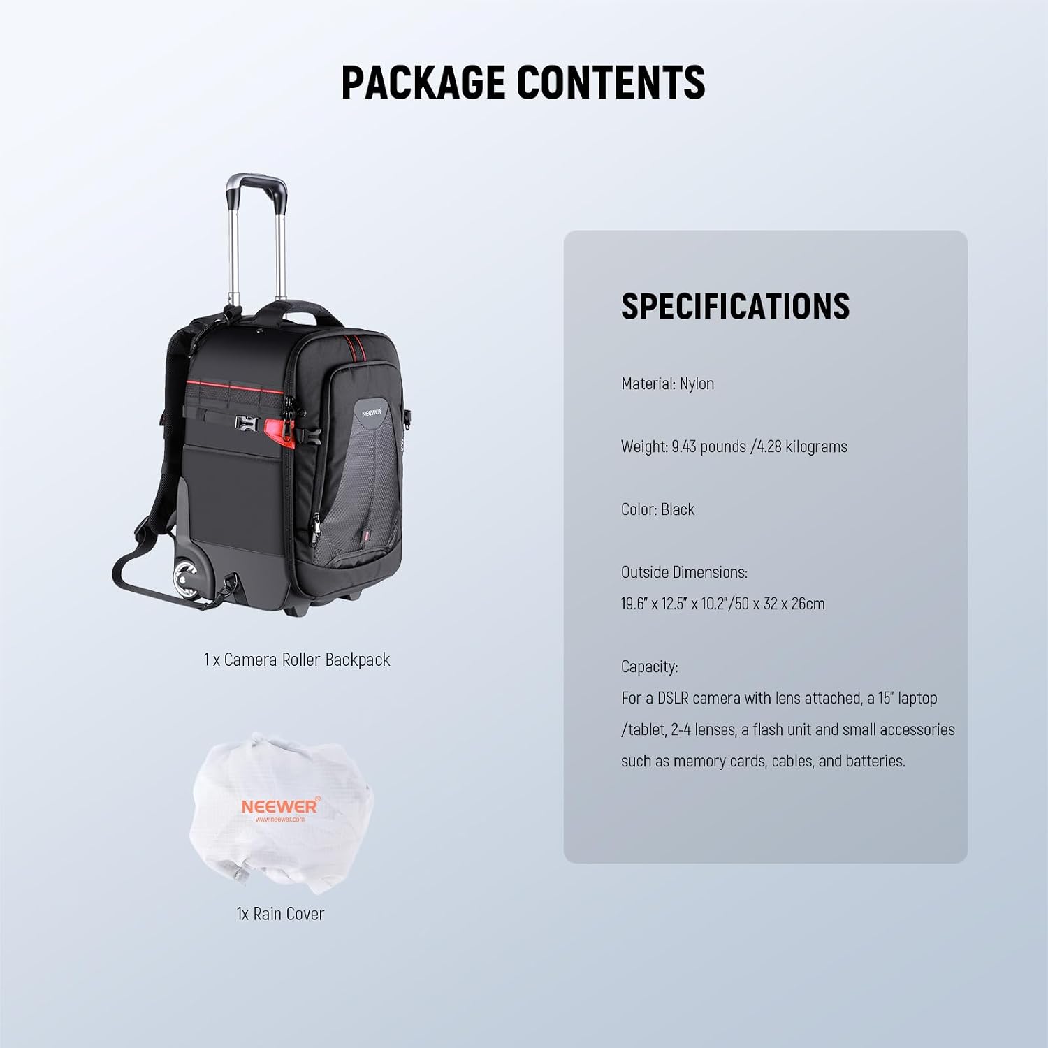 Neewer 2-in-1 Rolling Camera Backpack Trolley Case - Anti-Shock Detachable Padded Compartment, Hidden Pull Bar, Durable, Waterproof for Camera,Tripod,Flash Light,Lens,Laptop for Air Travelling(Black)