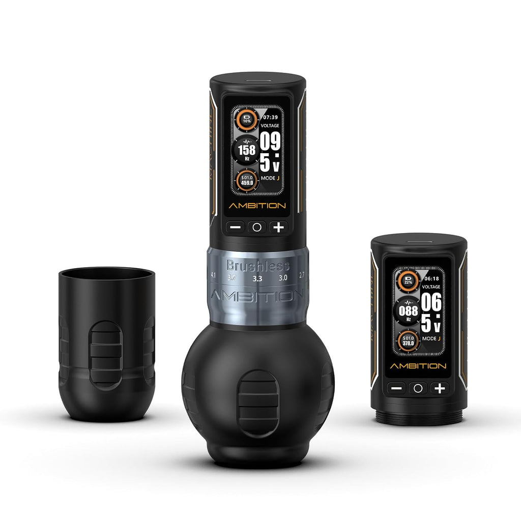 Ambition Rotary Tattoo Gun, Ninja Max 280 Wireless Tattoo Pen Machine with 280 g.cm Torque Brushless Motor, 7 Adjustable Stroke 2.4-4.5mm, Dual 2400mAh Batteries 54mm & 34mm Grips Tattoo Supply