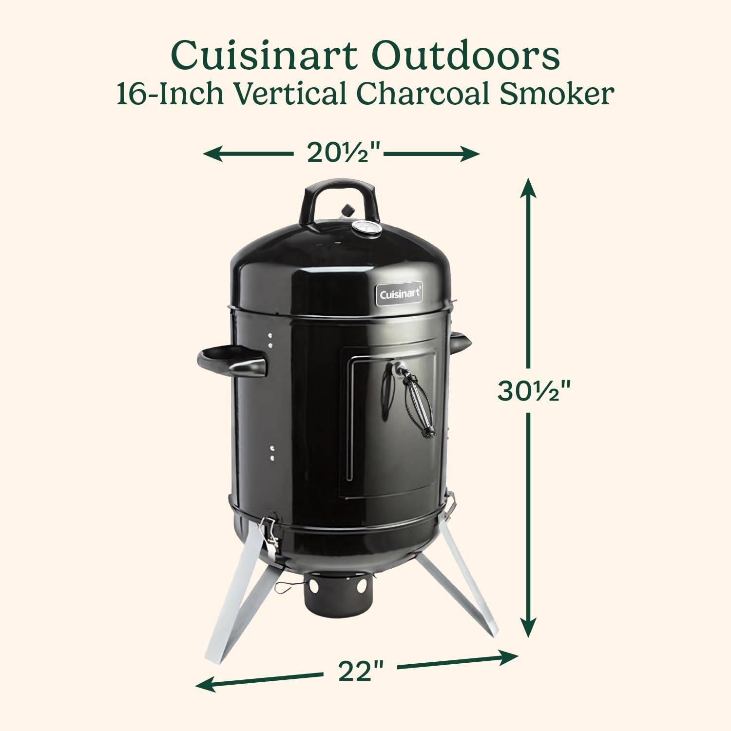 Cuisinart 16' Vertical Charcoal Smoker, Integrated Thermometer, Water Bowl and Dual Vents Perfect for Smoked Brisket, Chrome Plated Grates Smoker Grill for BBQ, Camping, Tailgates