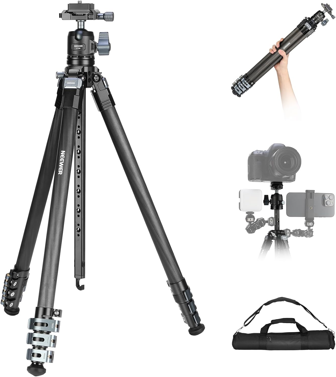 NEEWER 60.4' Travel Tripod Carbon Fiber with Detachable 360° Ball Head, Lightweight Video Camera Stand with Metal Quick Flip Buckle, Arca Type QR Plate Compatible with PD, LT36