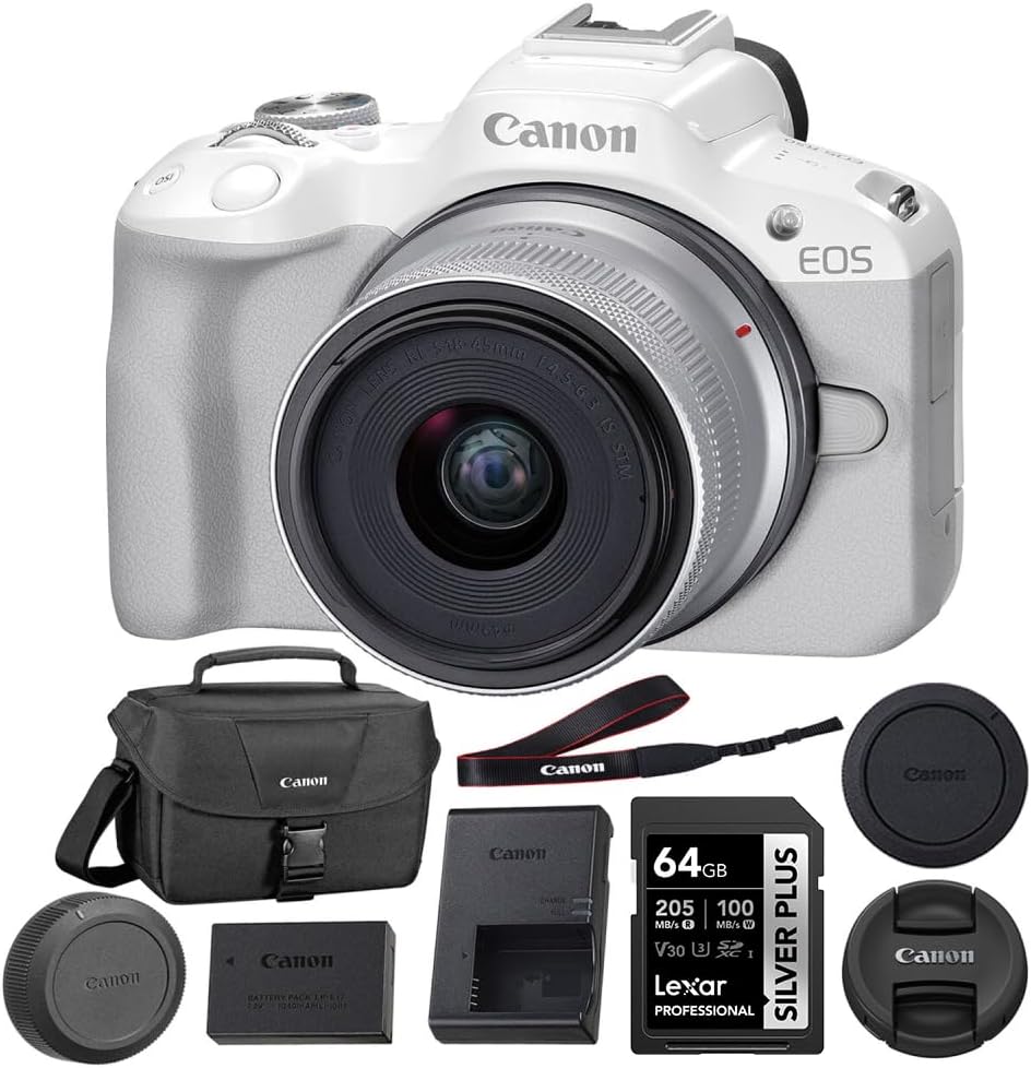 Canon EOS R50 Mirrorless Camera with 18-45mm Lens (White) Bundle with 64GB Memory Card + Canon 200ES EOS Shoulder Bag (3 Items)