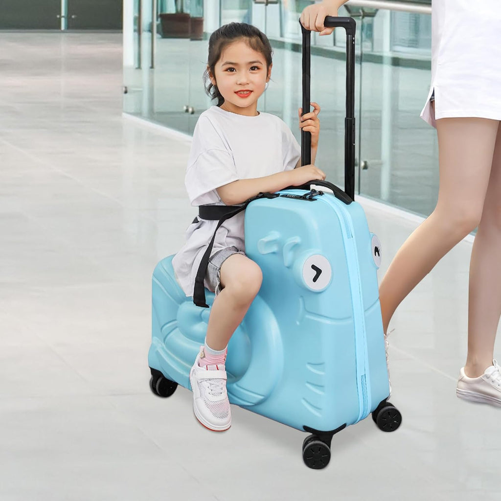 Childrens Travel Suitcase, Hardside Ride on Kids Luggage with Seat and Safety Belt 20 Inch Carry On Luggage Kids with 4 Silent Wheel Combination Lock for Toddler Ages 3-6 Girls and Boys
