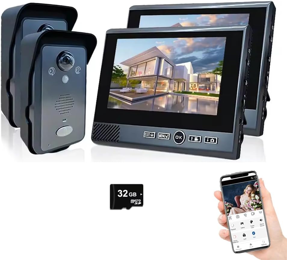 Ring Doorbell Wireless,Doorbell Camera Night Vision 1080P HD Camera,7 Inch TFT Screen Monitor,Support Tamper Alarm & Motion Detection,Long Standby,Visual Intercom Doorbell (2 Door +2 Monitor)