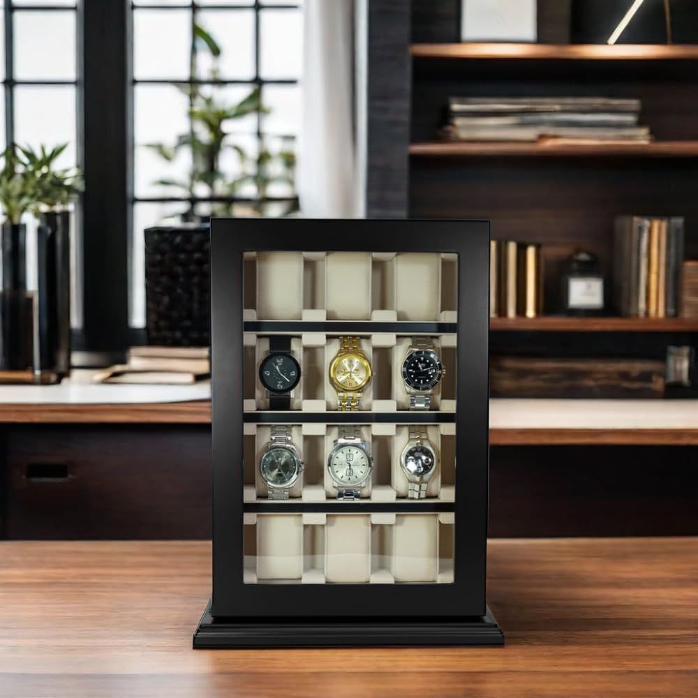 TIMELYBUYS 12 Piece Black Wood Watch Display Wall Hanging Case and Storage Organizer Box and Stand for Oversized Watches