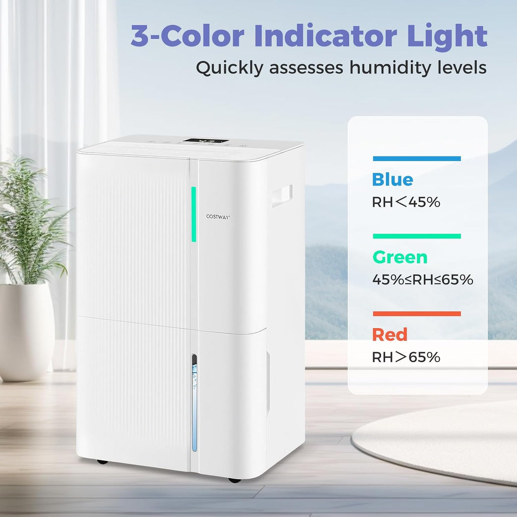 COSTWAY 96 Pints Energy Star Dehumidifier for Basement, 8000 Sq.Ft Dehumidifier with 24H Timer, 3-Color Indicator, 1.2 Gallon Water Tank, Drain Hose & Wheels for Bathroom, Bedroom