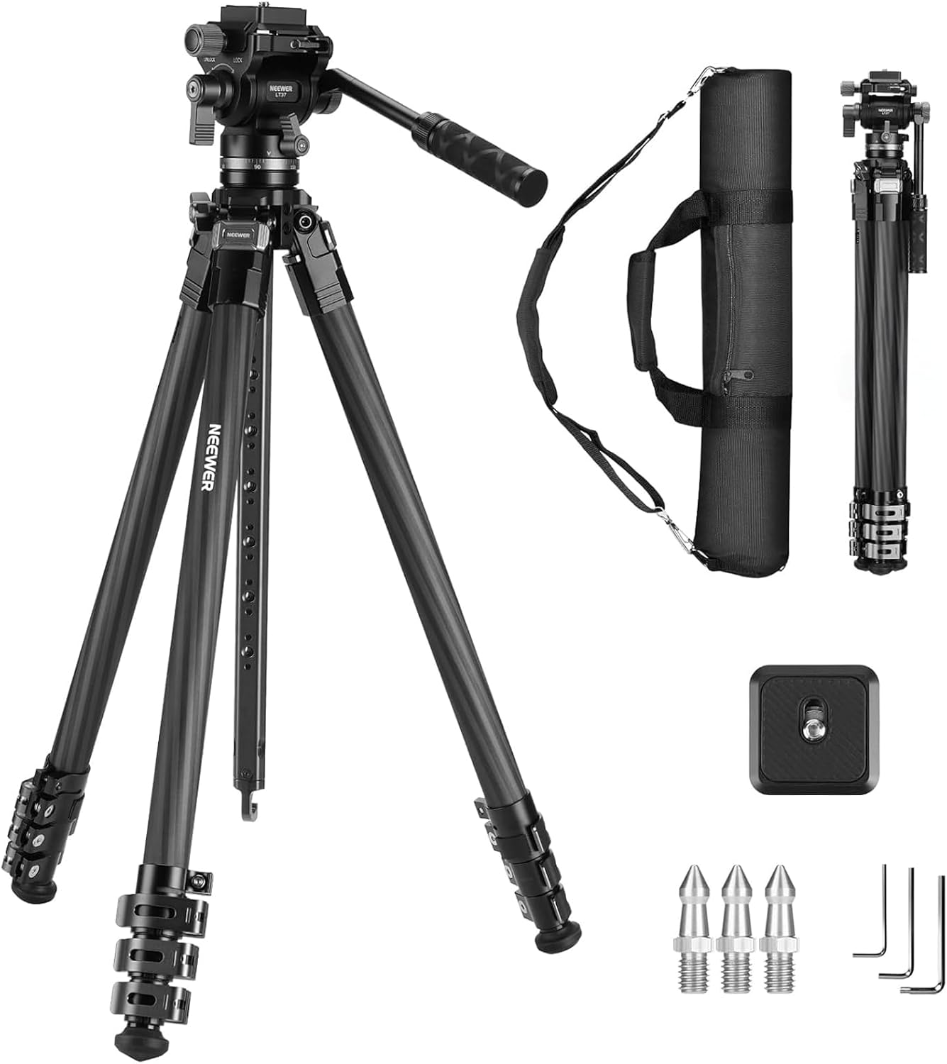 NEEWER 60.4' Travel Tripod Carbon Fiber with Detachable Damped Fluid Head, Lightweight Video Camera Stand with Metal Quick Flip Buckle, Arca Type QR Plate Compatible with PD, LT37