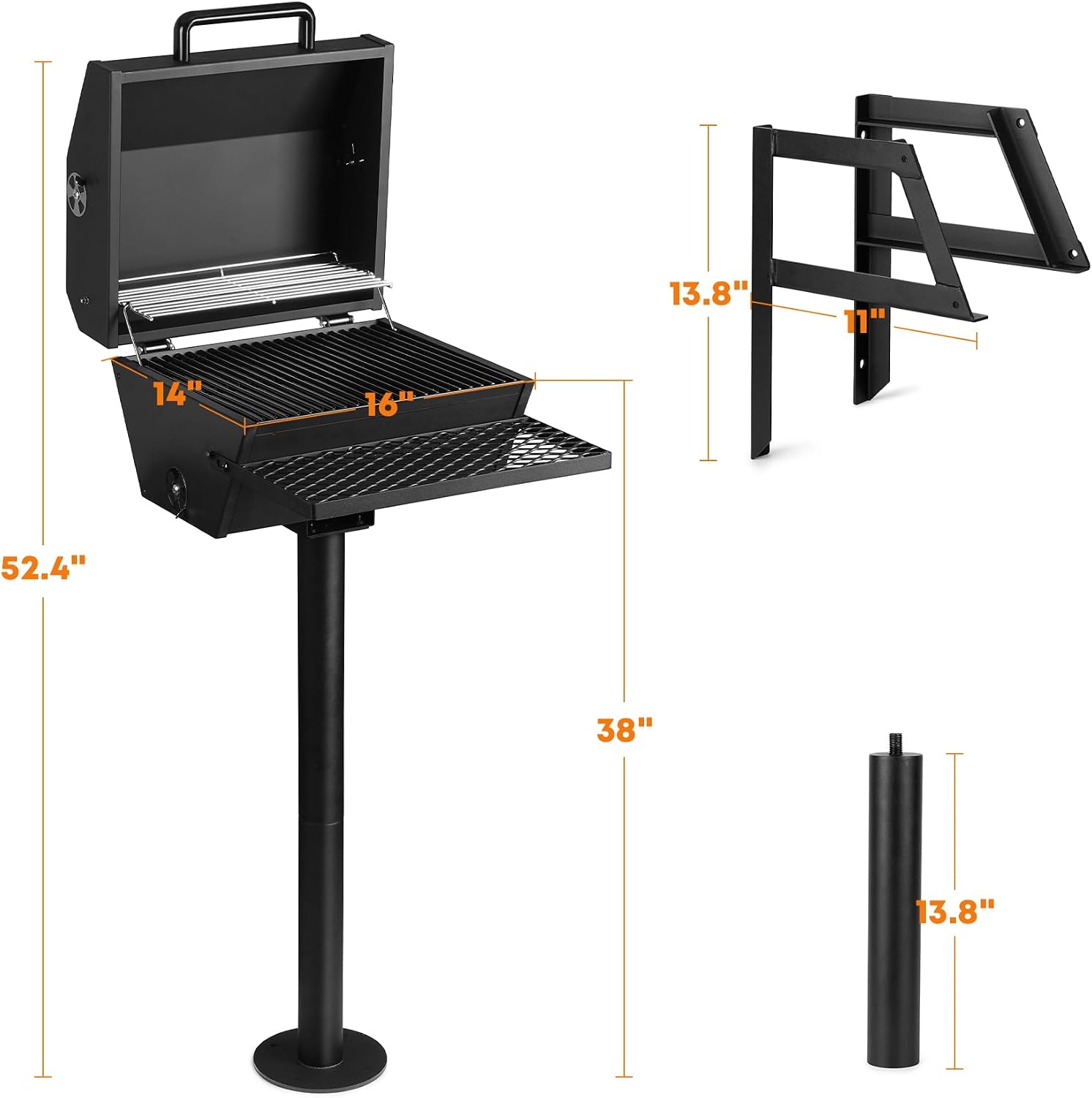 Stanbroil Park Style Charcoal Grill with Cover, Portable Park BBQ Grill Heavy Duty Porcelain Steel Cooking Grate, Folding Front Table, Stand Post for Backyard, RV Cooking, Camping, Tailgating