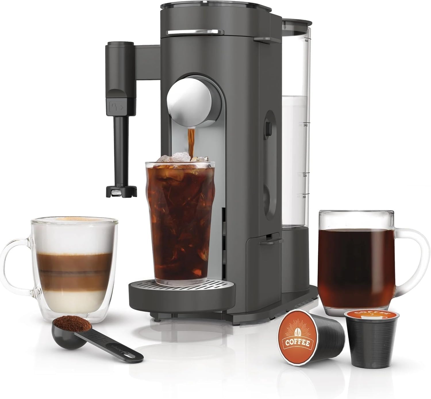 Single-Serve Coffee Maker, Pods & Grounds, 4 Brew Styles: Classic, Rich, Over Ice, Specialty, Compact, Frother, 6-24 oz Brew Sizes, Travel Mug Friendly, Gray, PB050