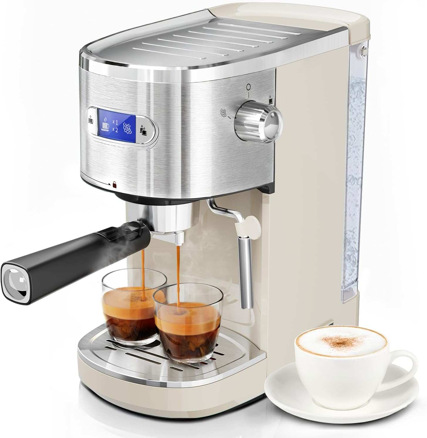 20 Bar Espresso Machine Semi-Automatic, Professional Coffee Maker with Milk Frother Steam Wand & 45OZ Removable Water Tank, Home Barista System for Cappuccino, Latte, Americano-Stainless Steel-White