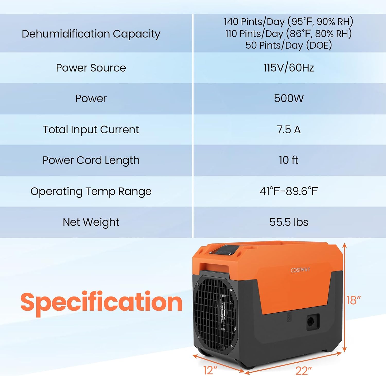 COSTWAY 140 Pints Commercial Dehumidifier with Pump, Portable Industrial Dehumidifier with Drain Hose for Basements, Job Sites, Water Damage Restoration (Orange)