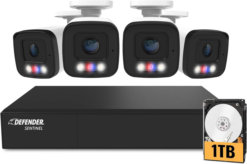 Defender AI Powered Sentinel 4K 8CH PoeE Security Camera System, 4pcs NVR Metal Outdoor Surveillance Cameras, 1TB HDD, SMART AI Human Detection, Blue/Red Lights, Works w/Empower App