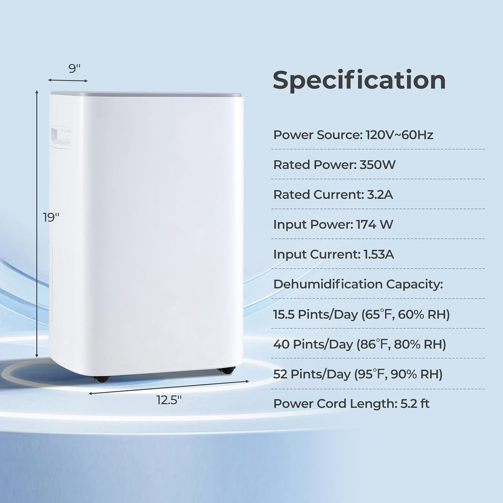 4500 Sq. Ft Dehumidifier for Basement, 52 Pint Garage Dehumidifier for Home, Bedroom & Bathroom with Drain Hose, Smart Humidity Control & Display, 3 Modes, 24H Timer & Auto Defrost