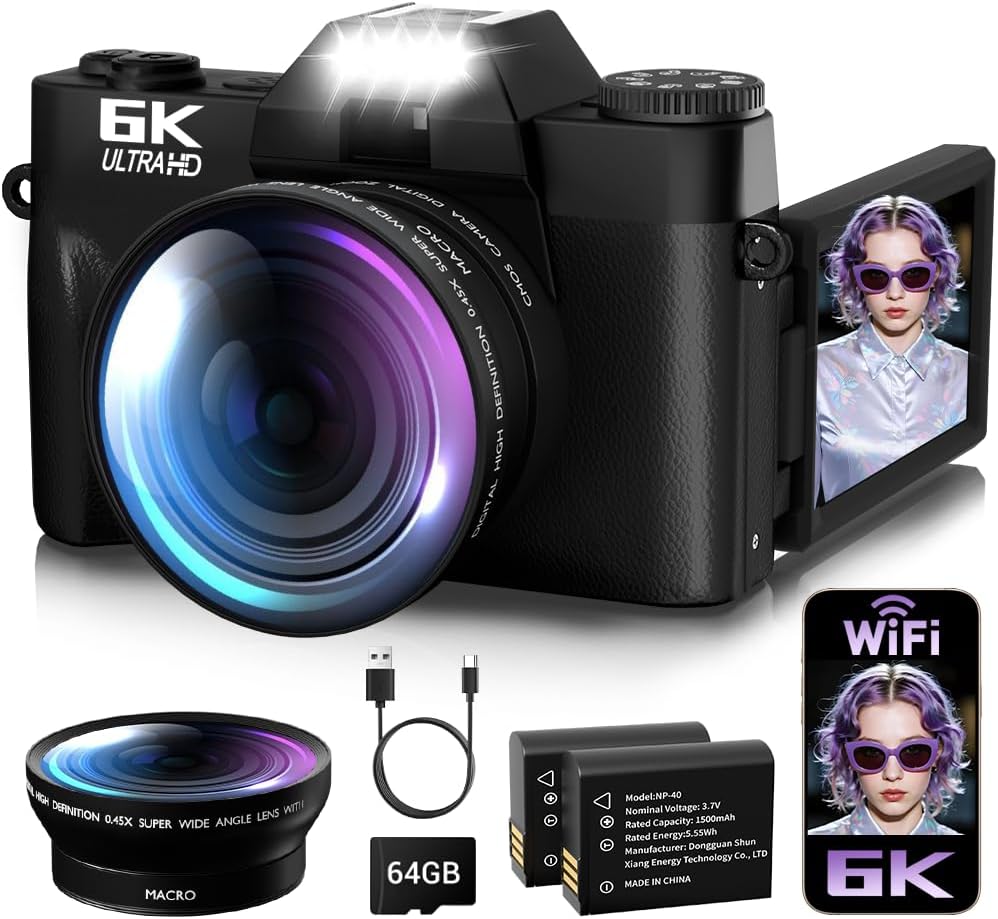6K Digital Camera for Photography Autofocus, 2026 Upgraded 64MP WiFi Vlogging Camera for YouTube with 3' 180° Flip Screen 16X Zoom, 64GB SD Card & 2 Batteries Compact Travel Camera for Beginners Teens