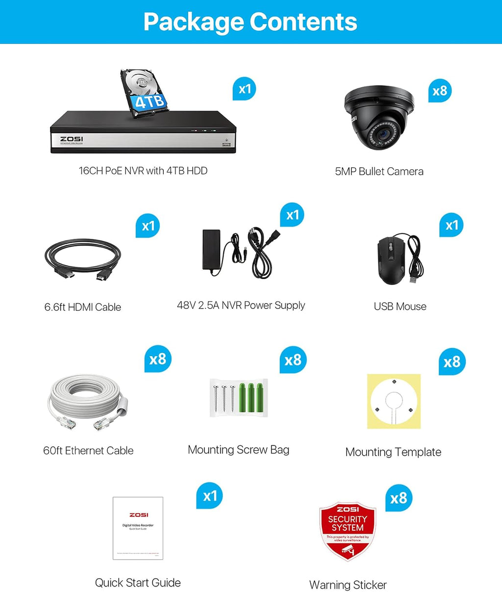 ZOSI H.265+ 4K 16CH PoE Security Camera System, 8 X Wired 5MP (3K) Dome PoE IP Cameras Outdoor Indoor, 16CH NVR with 4TB HDD for 24/7 Recording, 80ft Night Vision, Motion Detection, Remote Access