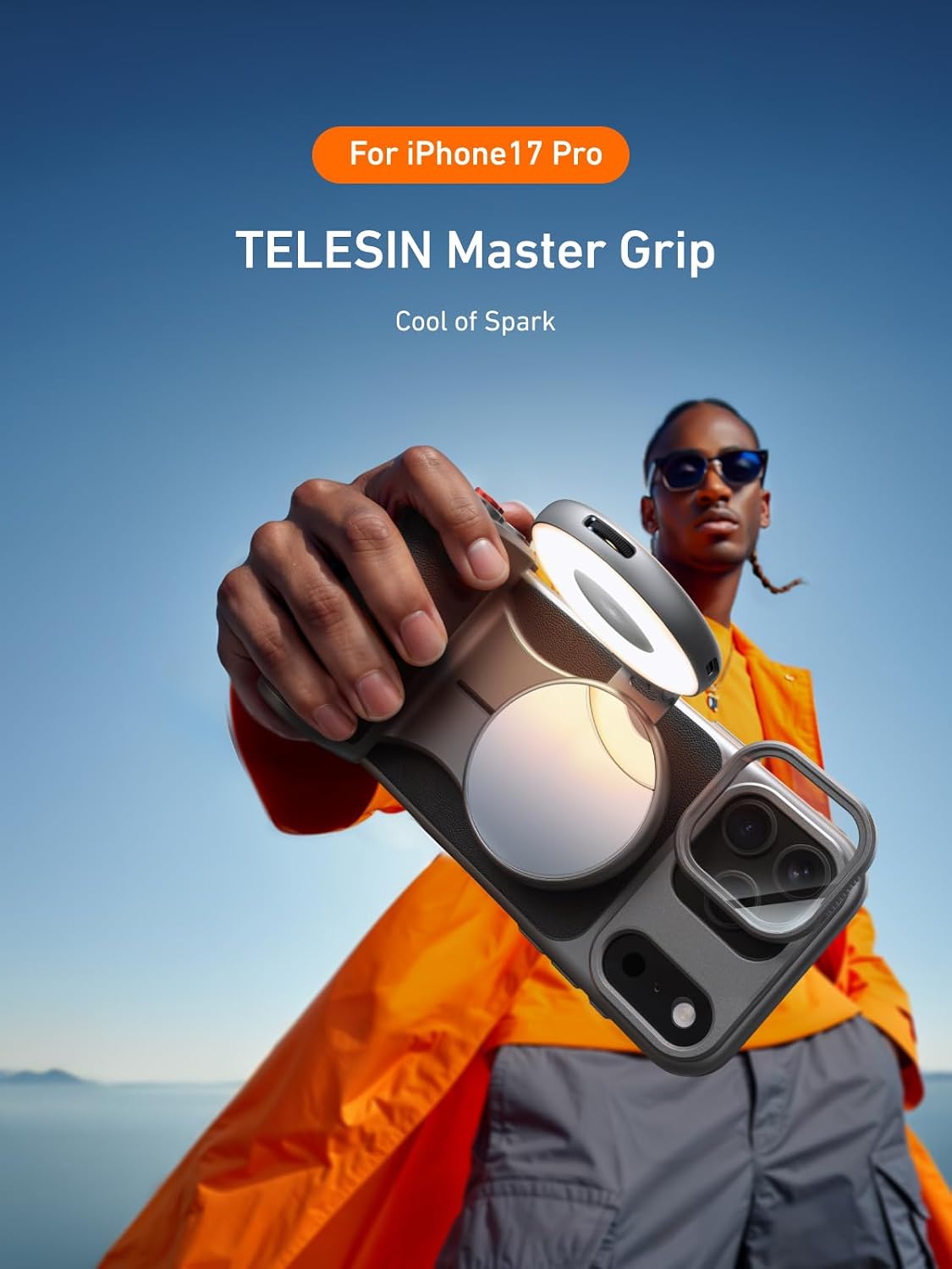 TELESIN Master Grip Universal for iPhone/MagSafe, Magnetic Phone Camera Grip with C03 Selfie Light Creator Kit Built 3200mAh Battery Wireless Charging -【Graphene Case Only for iPhone 17 Pro】