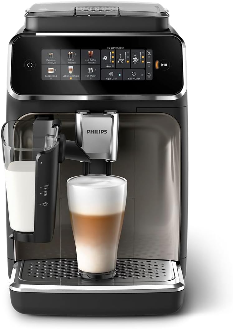 PHILIPS 3300 Series Fully Automatic Espresso Machine - LatteGo Milk System, 5 Coffee Varieties, Intuitive Touch Display, SilentBrew, 100% Ceramic Grinder, AquaClean Filter, Glossy Black (EP3347/90)