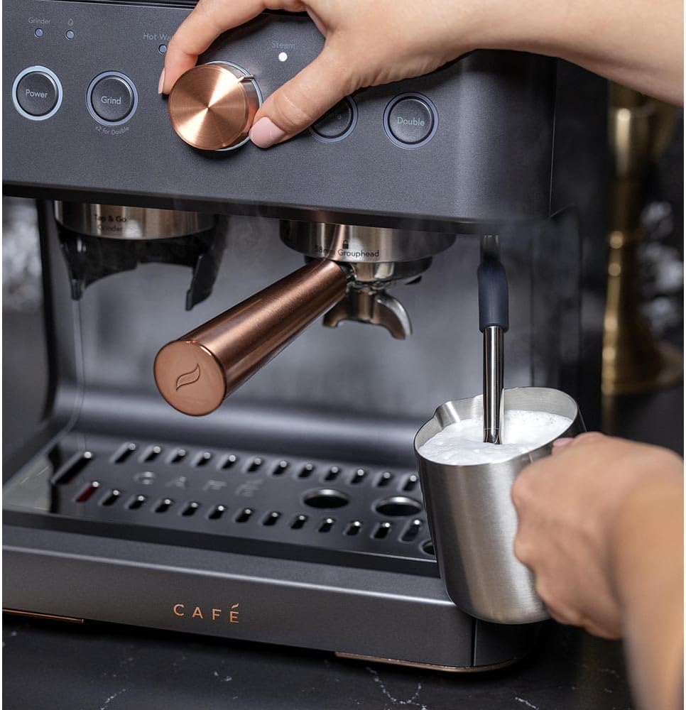 Café Bellissimo Semi Automatic Espresso Machine with Grinder & Milk Frother | Copper Accents | WiFi App Control | Large 95oz Tank | Matte Black