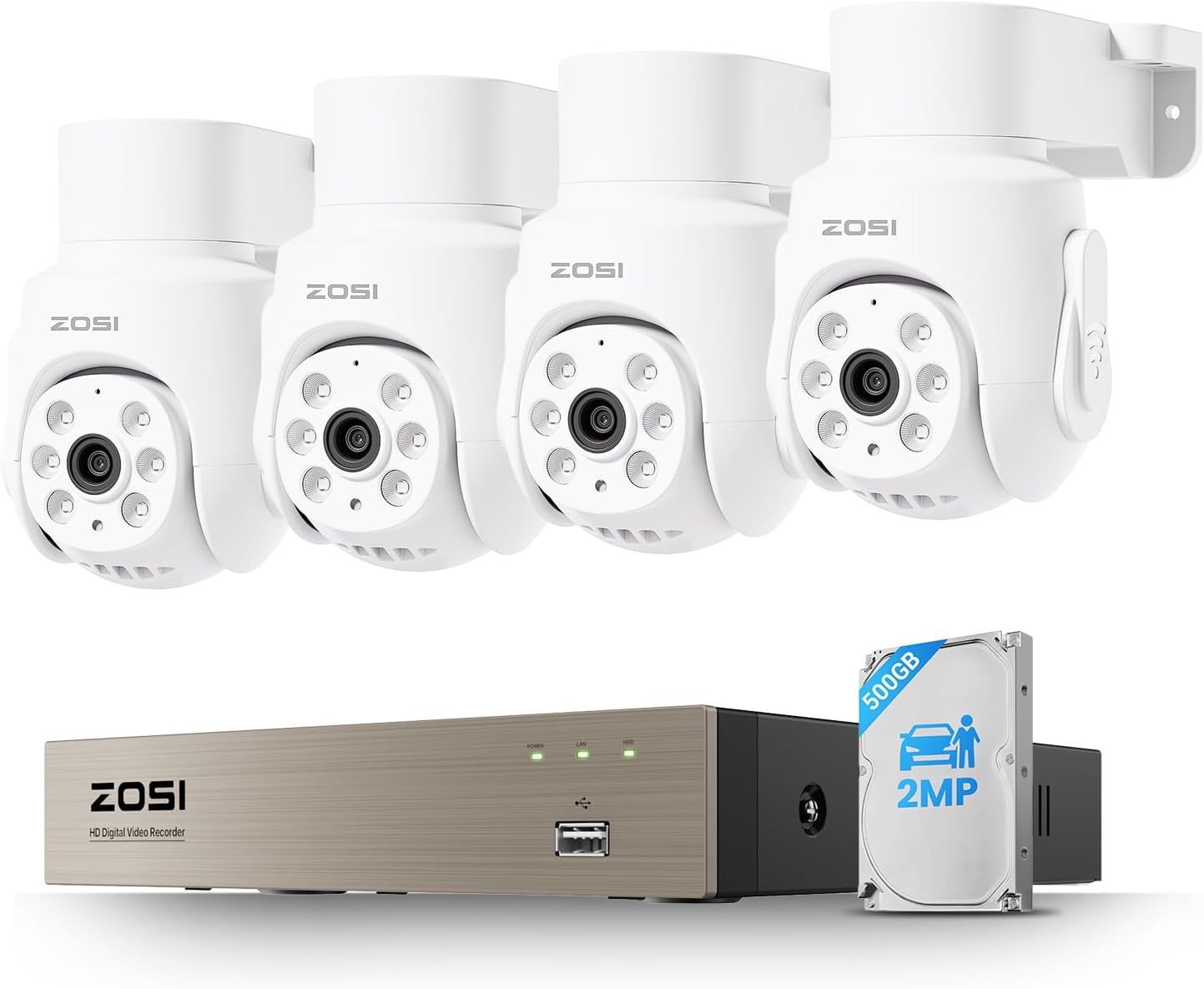 ZOSI 5MP Wired Security Camera System,4pcs 1080p Pan/Tilt 360°View Indoor Outdoor Camera,AI Human Vehicle Detection,Night Vision,Audio Recording,H.265+ 8CH DVR with 500GB HDD for 24/7 Surveillance