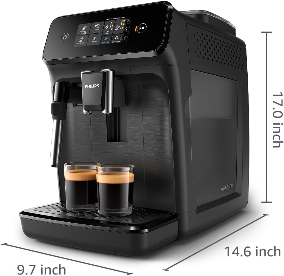 Philips 1200 Series Fully Automatic Espresso Machine, Classic Milk Frother, 2 Coffee Varieties, Intuitive Touch Display, 100% Ceramic Grinder, AquaClean Filter, Aroma Seal, Black (EP1220/04)
