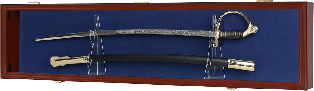 Sword Display Case Cabinet Stand Holder Wall Rack Holds Military Saber or Samurai Sword Lockable UV Protection Door Blue Felt Inside (Mahogany Finish Frame)