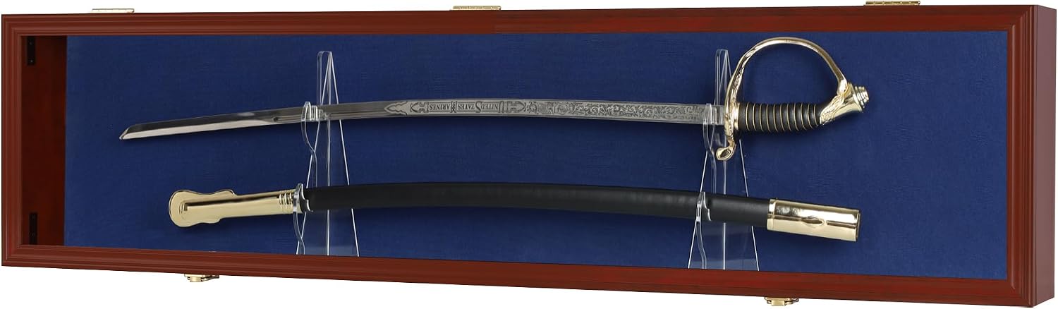 Sword Display Case Cabinet Stand Holder Wall Rack Holds Military Saber or Samurai Sword Lockable UV Protection Door Blue Felt Inside (Mahogany Finish Frame)