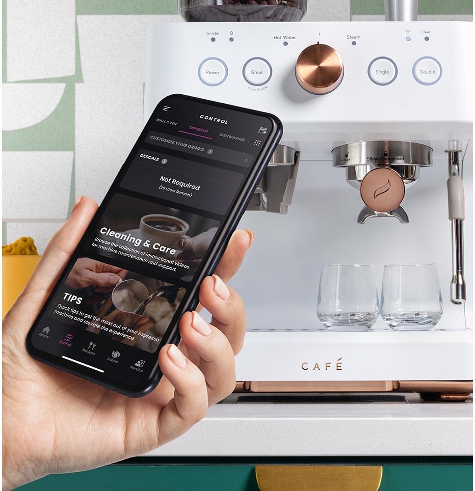 Café Bellissimo Semi Automatic Espresso Machine with Grinder & Milk Frother | Copper Accents | WiFi App Control | Large 95oz Tank | Matte White