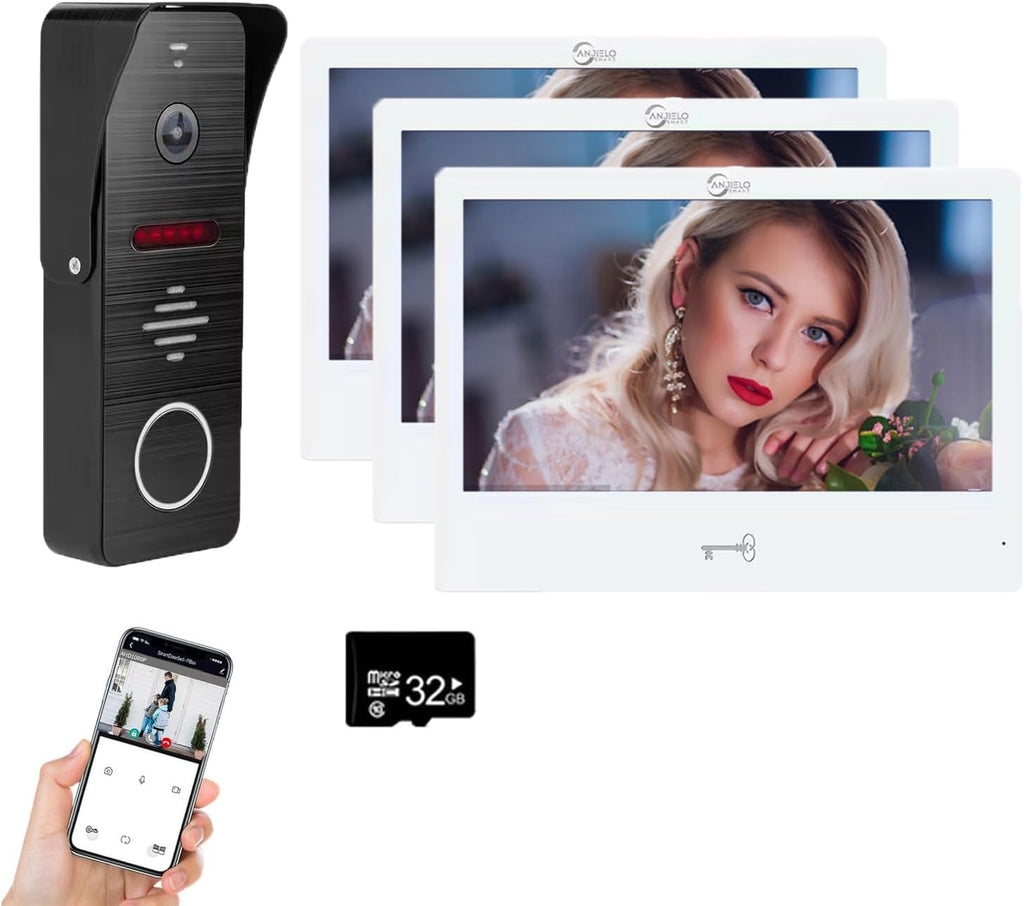 Ring Doorbell Wired,1080P Doorbell Camera(B),Indoor Outdoor Camera,10 Inch Monitor (W) Ring Video Doorbell with Night Vision,Dual-Way Intercom for Villa House Office Apartment (1 Bell +3 Screen)