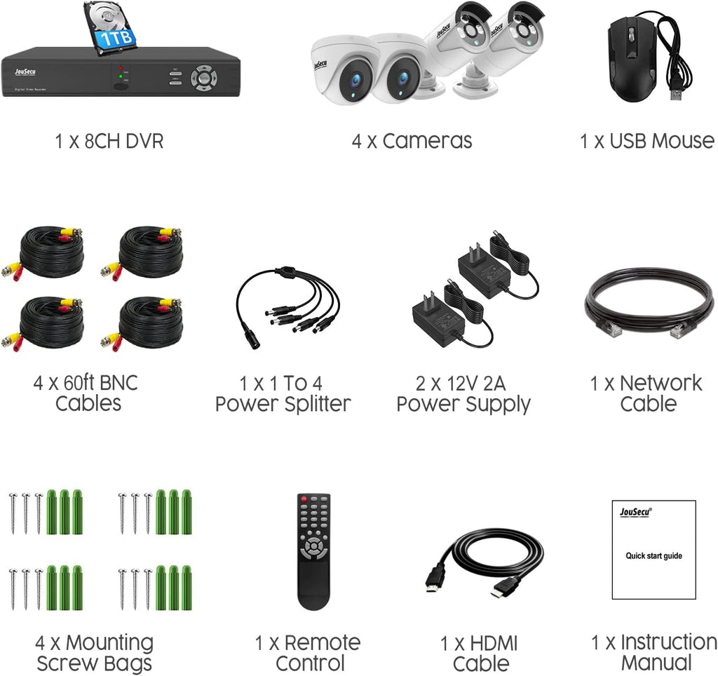 8CH Home Security Camera System with 1TB HDD, 5MP Lite DVR, 1080P Indoor/Outdoor Wired Surveillance CCTV, Day Night Vision Bullet Dome Cameras for 24-7 Recording, Motion Detection