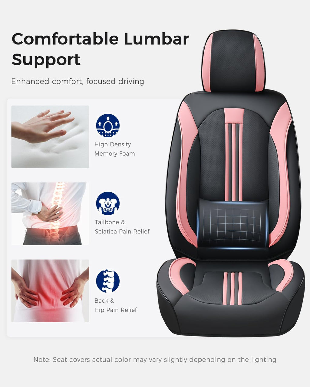 Huidasource Front Seat Cover, Nappa Leather Front Car Seat Covers with Lumbar Support, Ventilation Holes, Elastic Fabric, Airbag, Full-Coverage Seat Cover, Fit for Most Cars SUV Trucks, Black＆ Pink