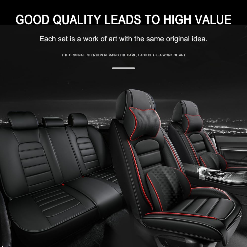 5PCS Leather Pickup Trucks Seat Covers for 2007-2025 2026 Chevy Silverado 2500 HD,Non-Slip Vehicle Car Seat Covers,Airbag Compatible Car Seat Cushion Protectors(Luxury,Black+Red Bars)