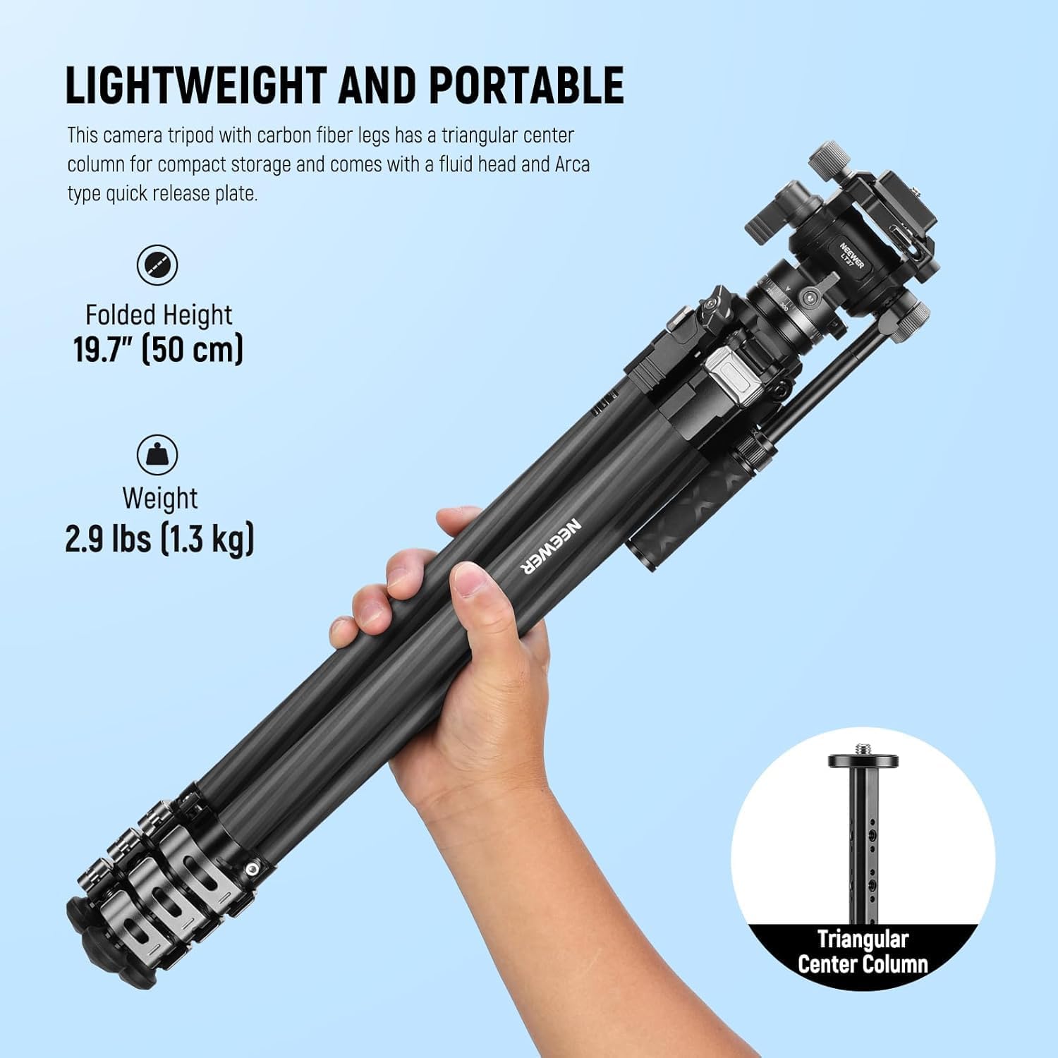 NEEWER 60.4' Travel Tripod Carbon Fiber with Detachable Damped Fluid Head, Lightweight Video Camera Stand with Metal Quick Flip Buckle, Arca Type QR Plate Compatible with PD, LT37