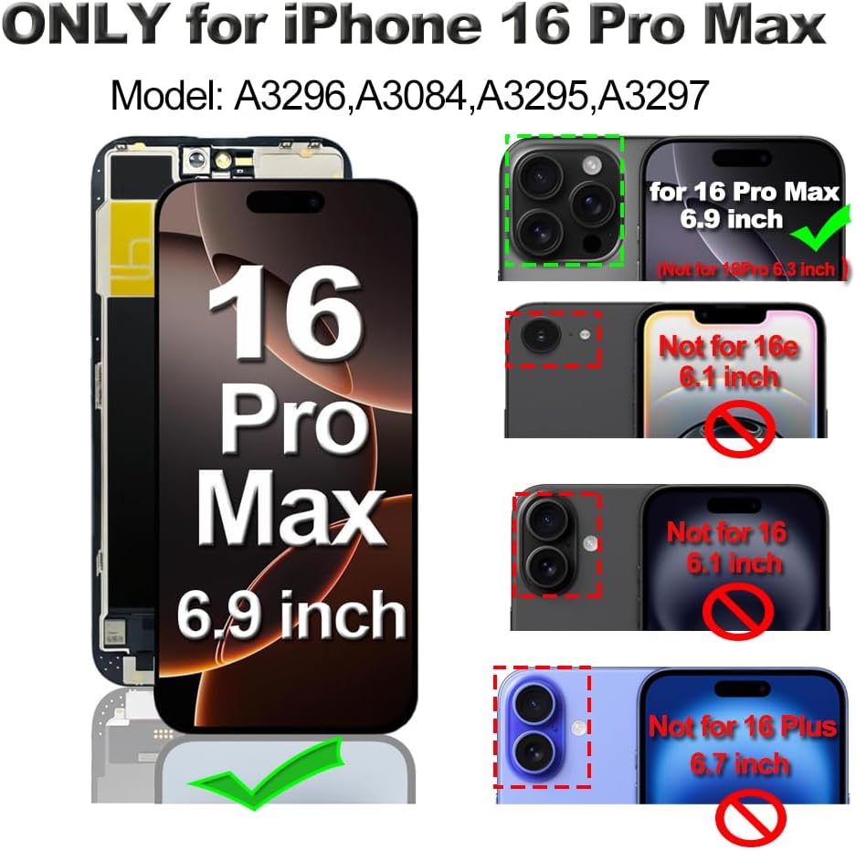 Fixerman for iPhone 16 Pro Max Screen Replacement 6.9 inch, 3D Touch LCD Display Digitizer Assembly with Repair Tools - Model A3296,A3084,A3295,A3297