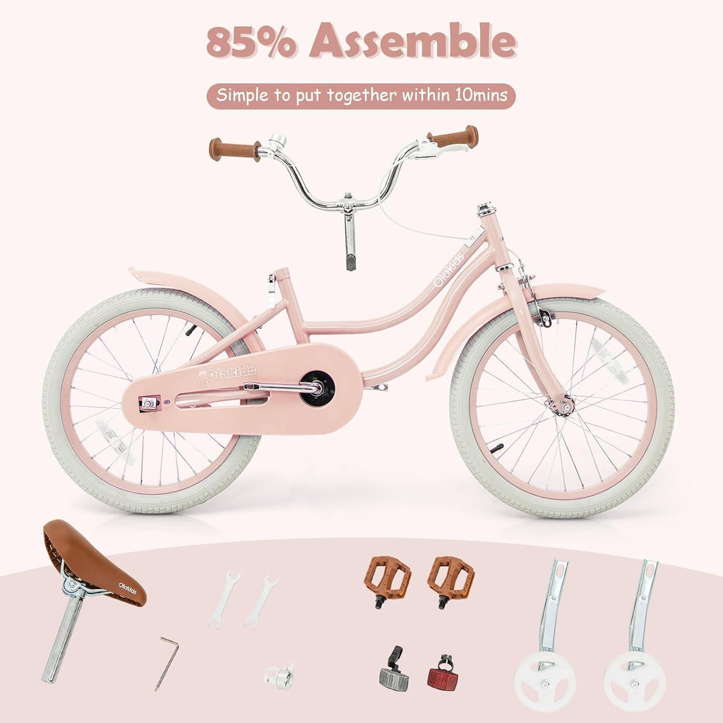Olakids Kids Bike, 12 14 16 18 20 Inch Toddlers Bike with Training Wheels Rattan Basket Safety Bell Adjustable Seat and Handlebar, Children's Bicycle for Girls Boys