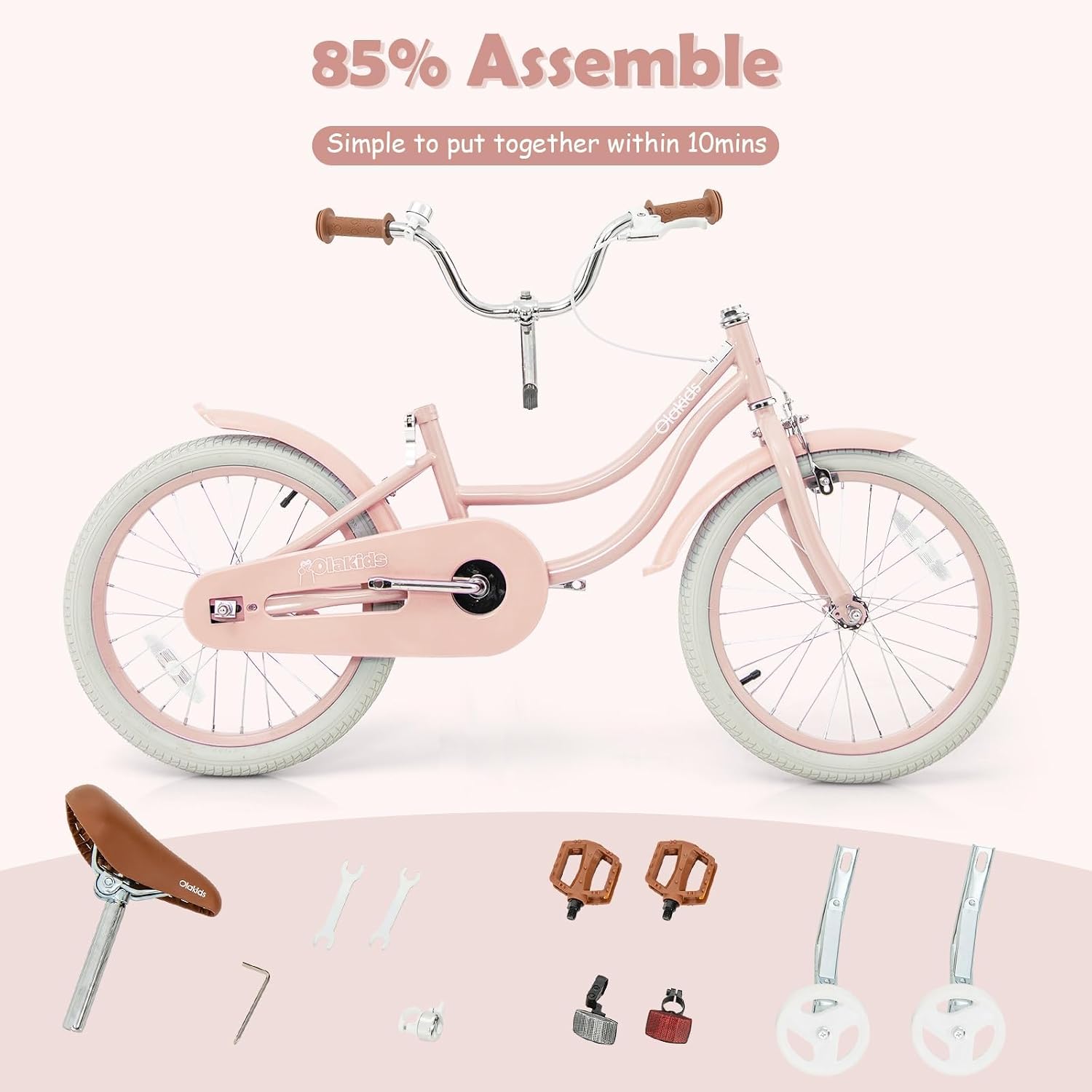 Olakids Kids Bike, 12 14 16 18 20 Inch Toddlers Bike with Training Wheels Rattan Basket Safety Bell Adjustable Seat and Handlebar, Children's Bicycle for Girls Boys