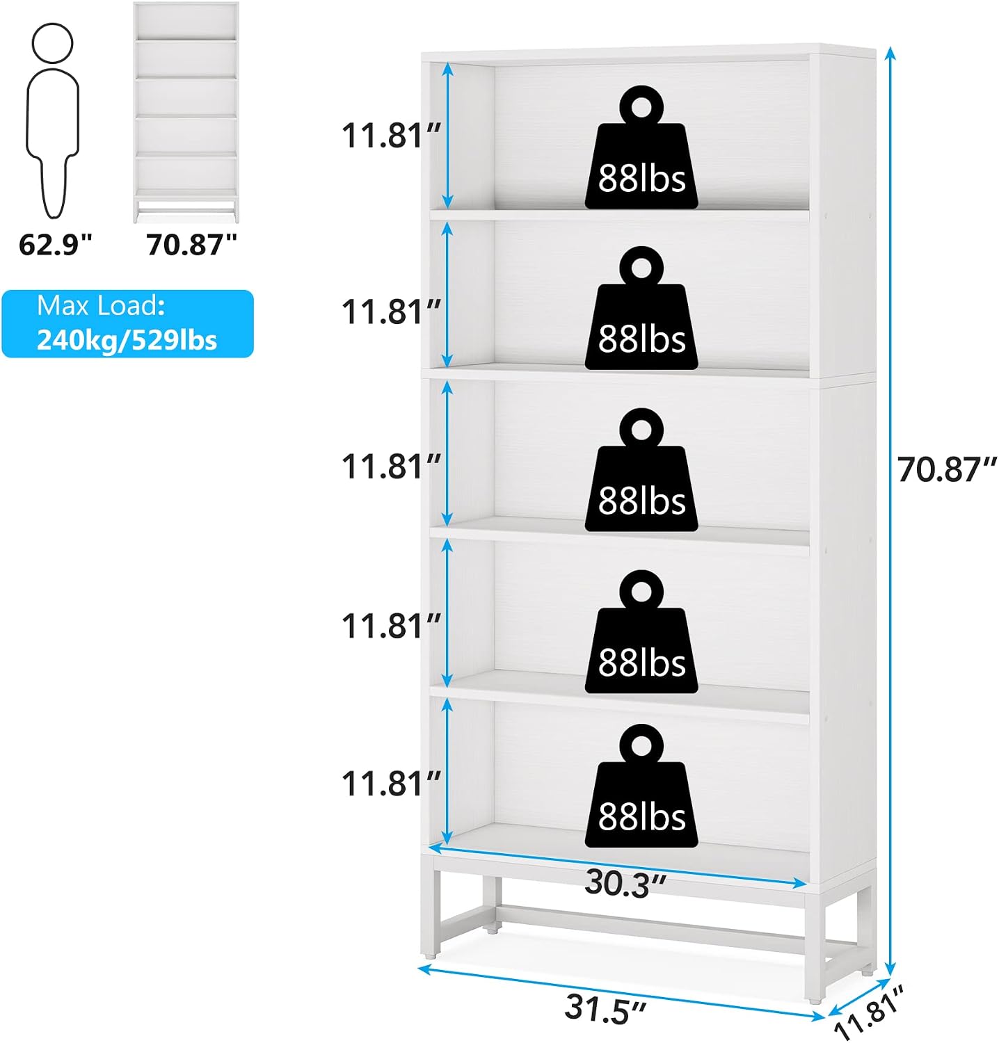 Tribesigns Tall Bookcase and Bookshelf, 70.8' Large Bookcases Organizer with 5-Tier Storage Shelves, Heavy Duty Free-Standing Library Bookshelf Shelving Unit for Living Room, Bedroom, Office (White)