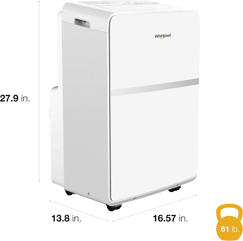 Whirlpool 8,000 BTU Portable Air Conditioner with Dehumidifier for Apartment, Bedroom, Small Rooms up to 200 Sq. Ft., 115V, with 3 Speeds, 24H Timer, and Remote Control, White