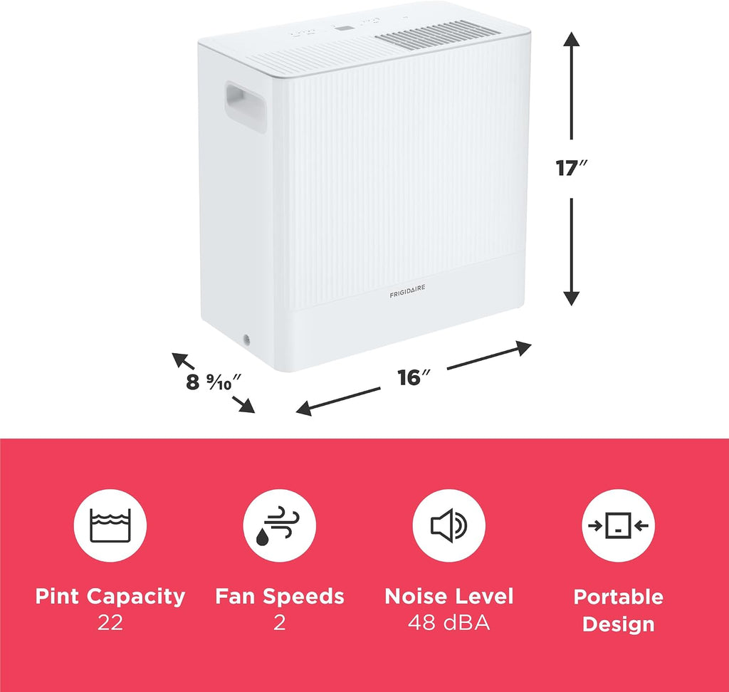 Frigidaire 22-Pint Portable Dehumidifier with Energy Star Certification for Small/Medium Rooms, Bedrooms & Bathrooms, Custom Humidity Control, Auto Shut Off, White