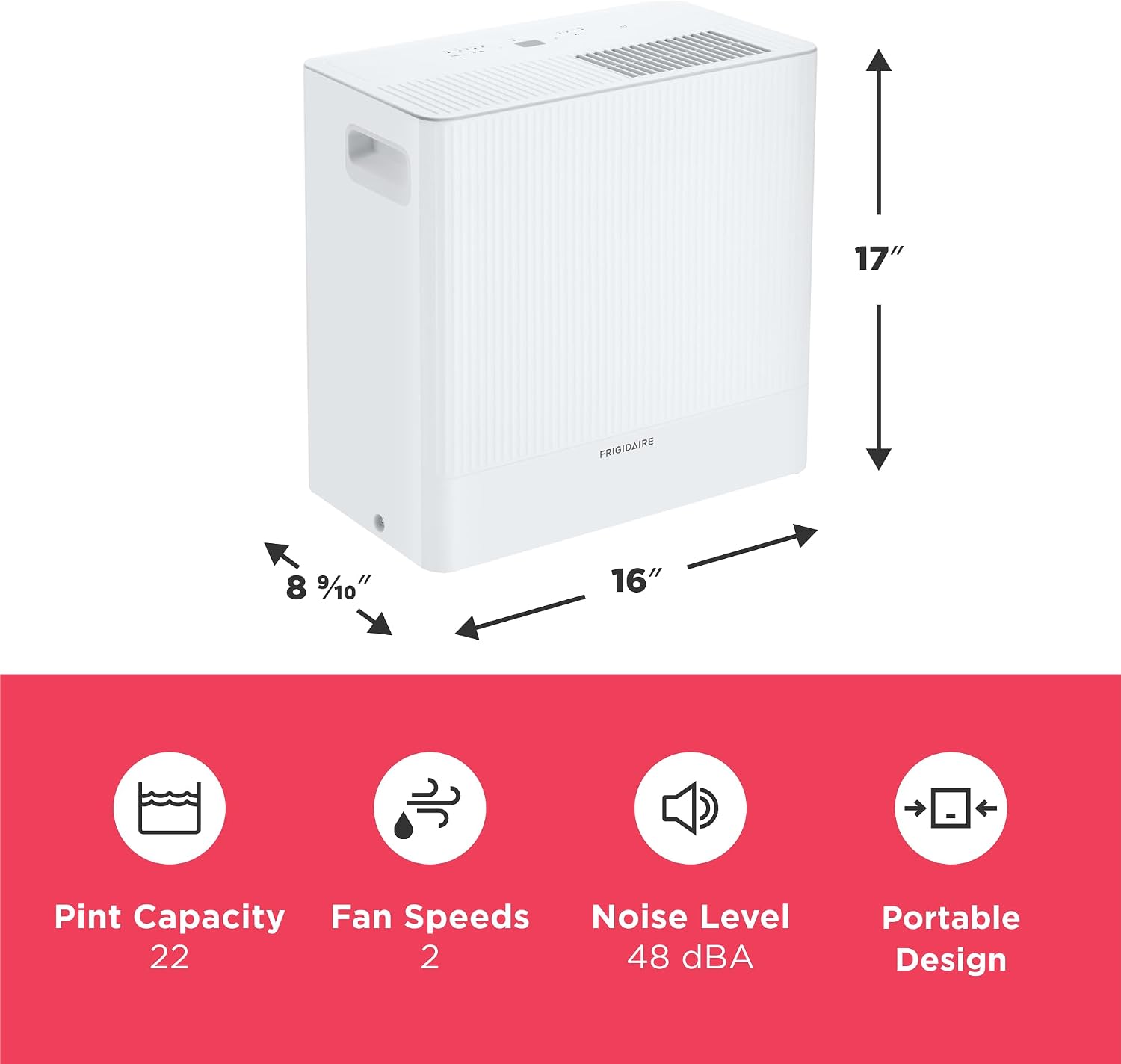 Frigidaire 22-Pint Portable Dehumidifier with Energy Star Certification for Small/Medium Rooms, Bedrooms & Bathrooms, Custom Humidity Control, Auto Shut Off, White
