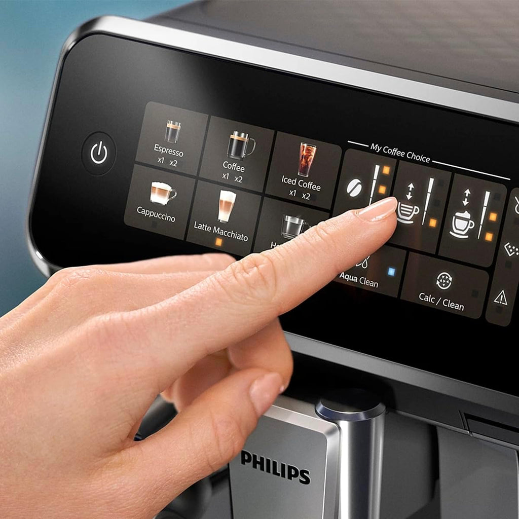PHILIPS 3300 Series Fully Automatic Espresso Machine - LatteGo Milk System, 5 Coffee Varieties, Intuitive Touch Display, SilentBrew, 100% Ceramic Grinder, AquaClean Filter, Glossy Black (EP3347/90)